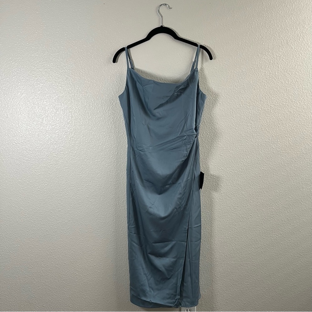 NWT Lulus Hollywood Woman Dusty Blue Satin Midi Dress MD - Picture 4 of 9